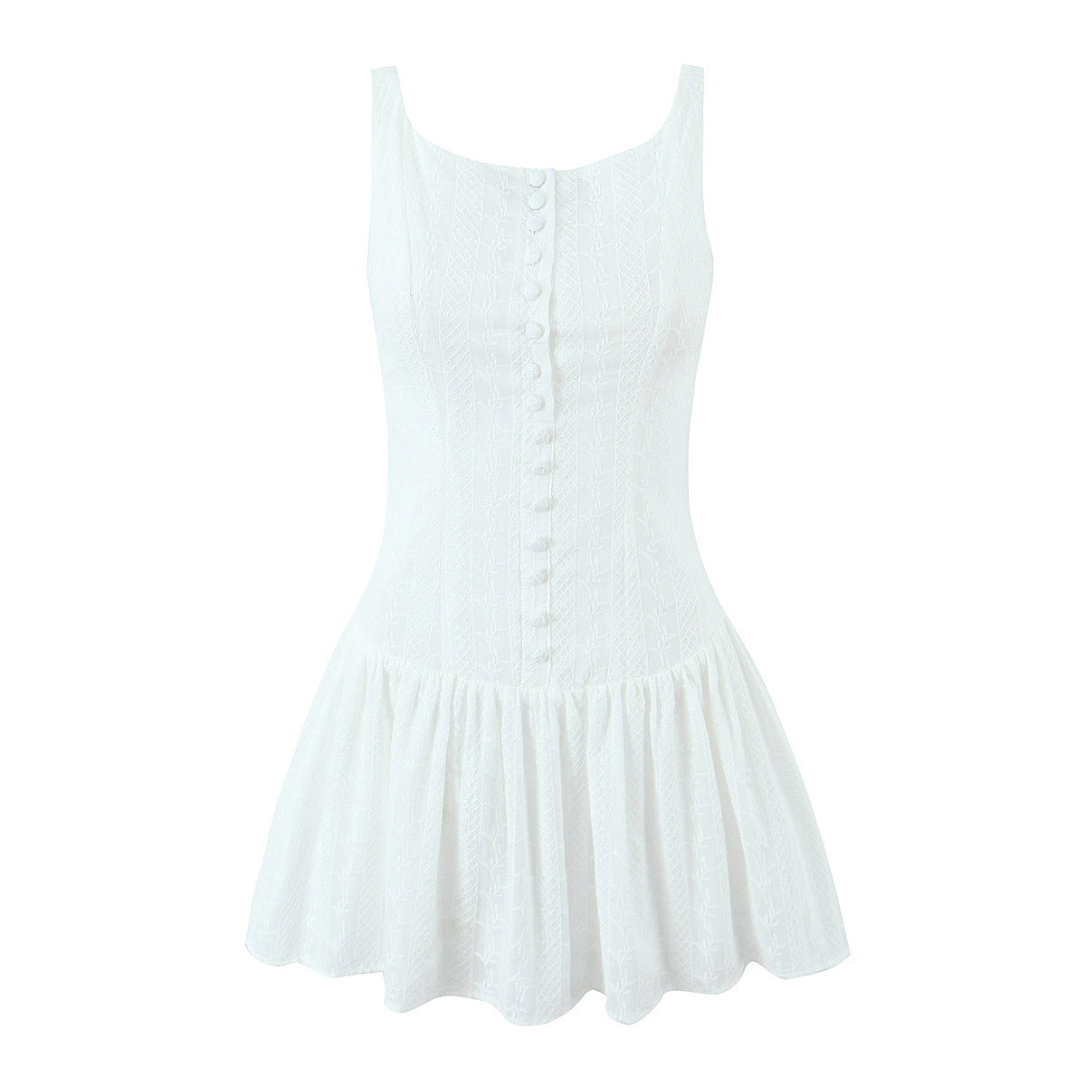 Solid Jacquard Square Neck Button-Up Mini Dress