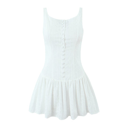 Solid Jacquard Square Neck Button-Up Mini Dress