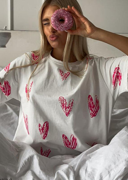 Oversized Cotton Tee With Pink Heart Sketch