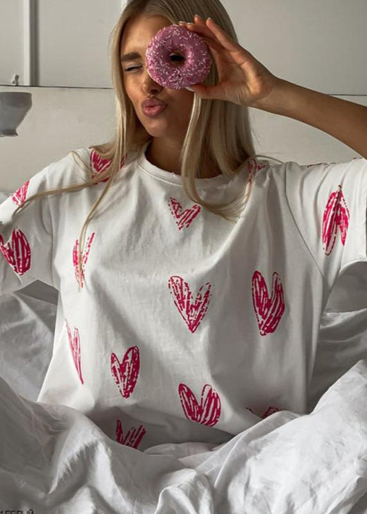 Oversized Cotton Tee With Pink Heart Sketch