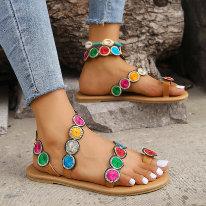 Embroidered Gem Sunflower Flat Sandals