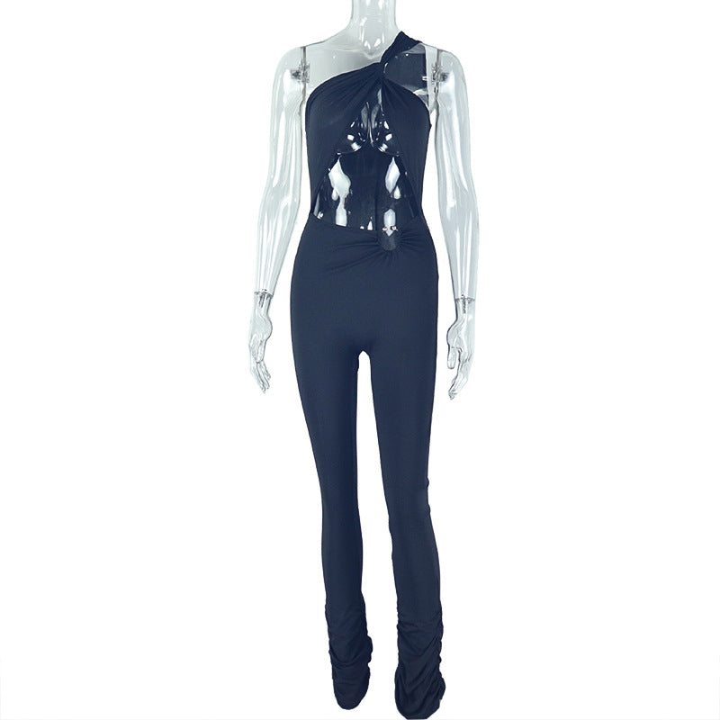 Trendy Casual Slim Fit Jumpsuit With Metallic Ring And Asymmetrical Design