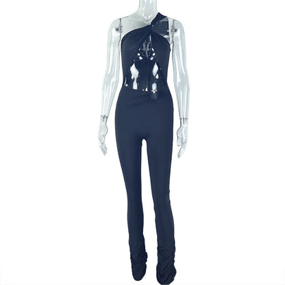 Trendy Casual Slim Fit Jumpsuit With Metallic Ring And Asymmetrical Design