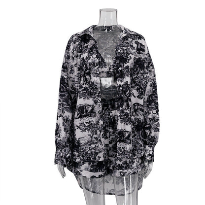 Vintage Ink Blossom Shirt and Shorts Set for Women
