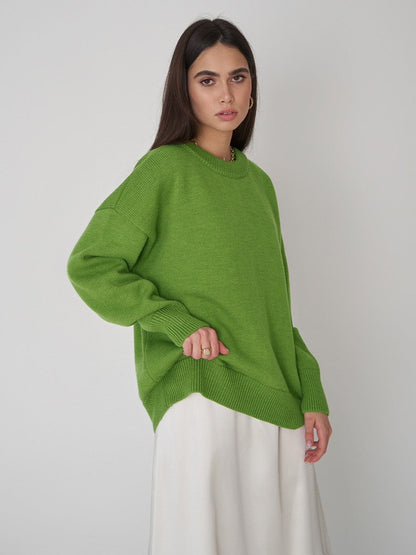 Classic Round Neck Sweater Solid Color Knit Top Casual Elegance