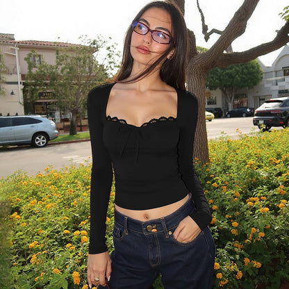 Trendy Lace Trim Fitted Top Stylish Streetwear