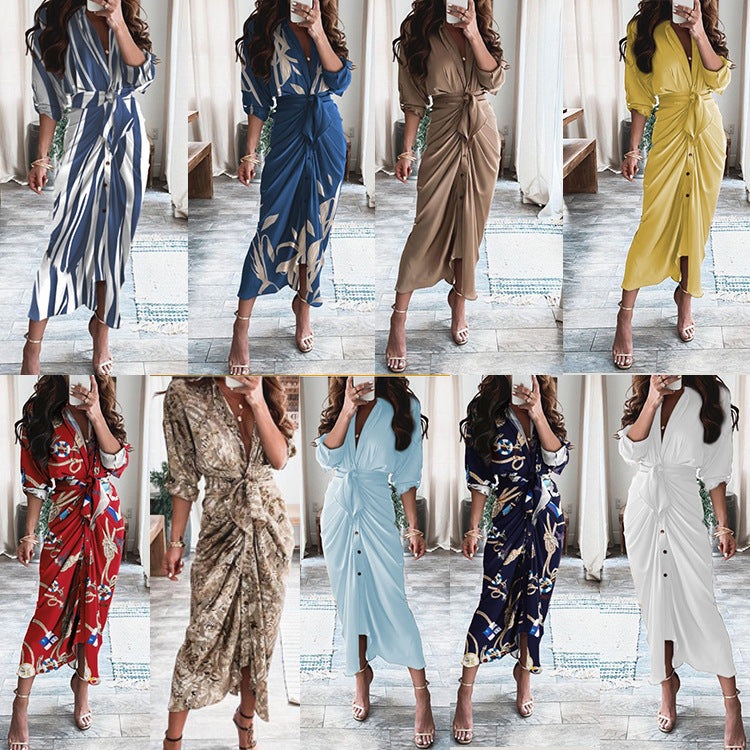 Elegant Floral V-Neck High-Waisted Dress for Women