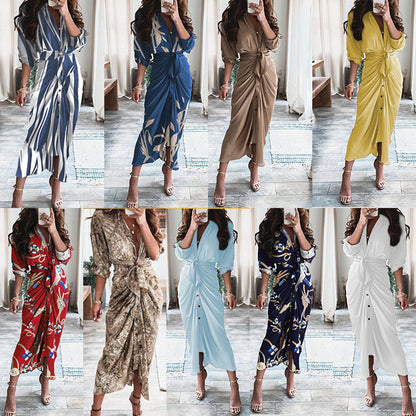 Elegant Floral V-Neck High-Waisted Dress for Women