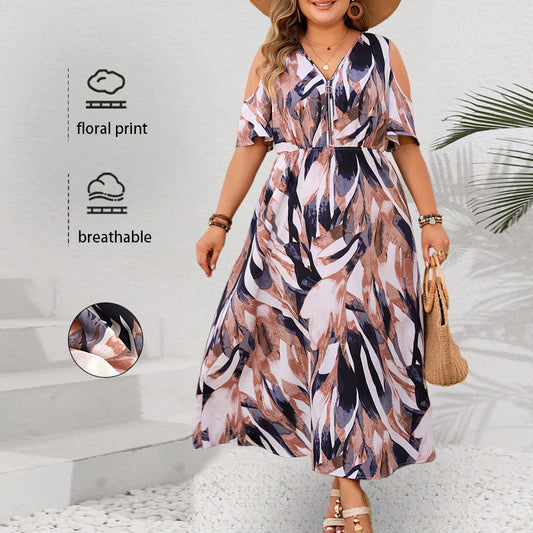 Plus Size V-Neck Floral Dress For Casual Wear