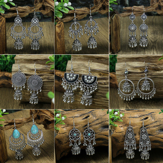 Vintage Tribal Silver Earrings with Beads and Tassels