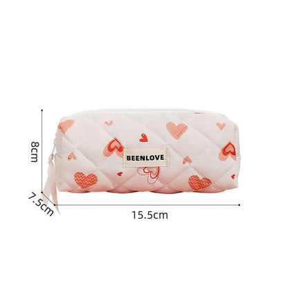 Cute Heart Print Cotton Quilted Cosmetic Bag