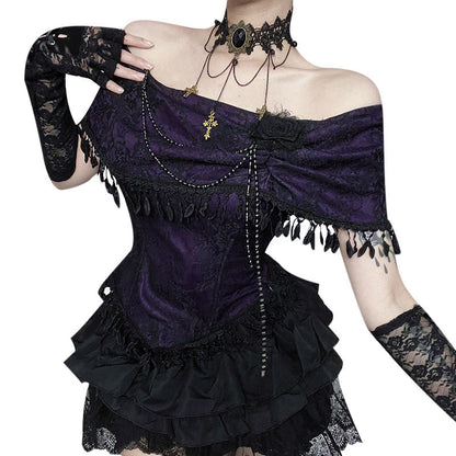 Gothic Rose Print Off-Shoulder Top Stylish Casual Lace Blouse