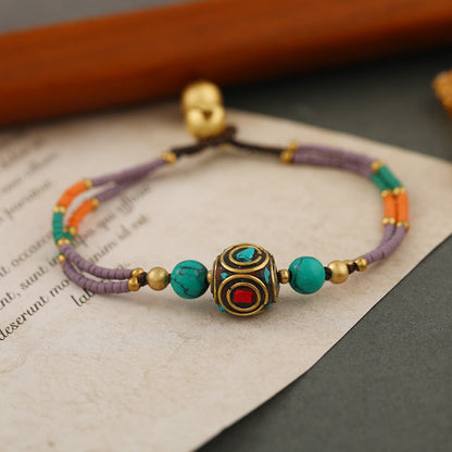 Bohemian Retro Nepalese Pearl Turquoise Frosted Stone Simple Multi-Color Beaded Hand Woven Bracelet