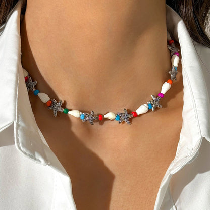 Bohemian Shell Bead Necklace With Starfish And Palm Tree Accents
