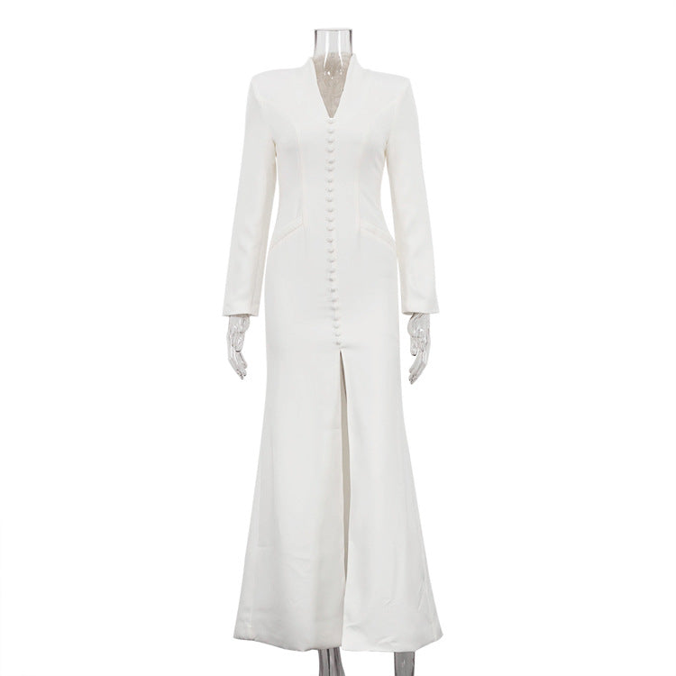 Elegant V-Neck Long Sleeve High Waist Split Midi Dress
