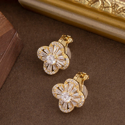 Trendy Gold Clovers Ear Clips With Zirconia Stones For Women