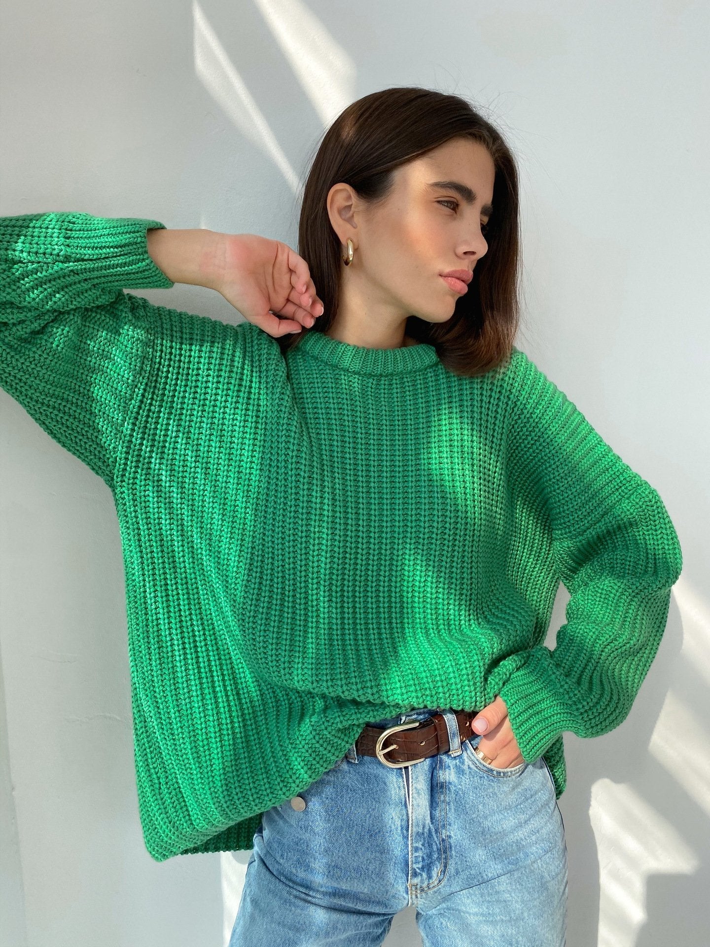 Women'S Sweater Loose Candy Color Round Neck Sweater