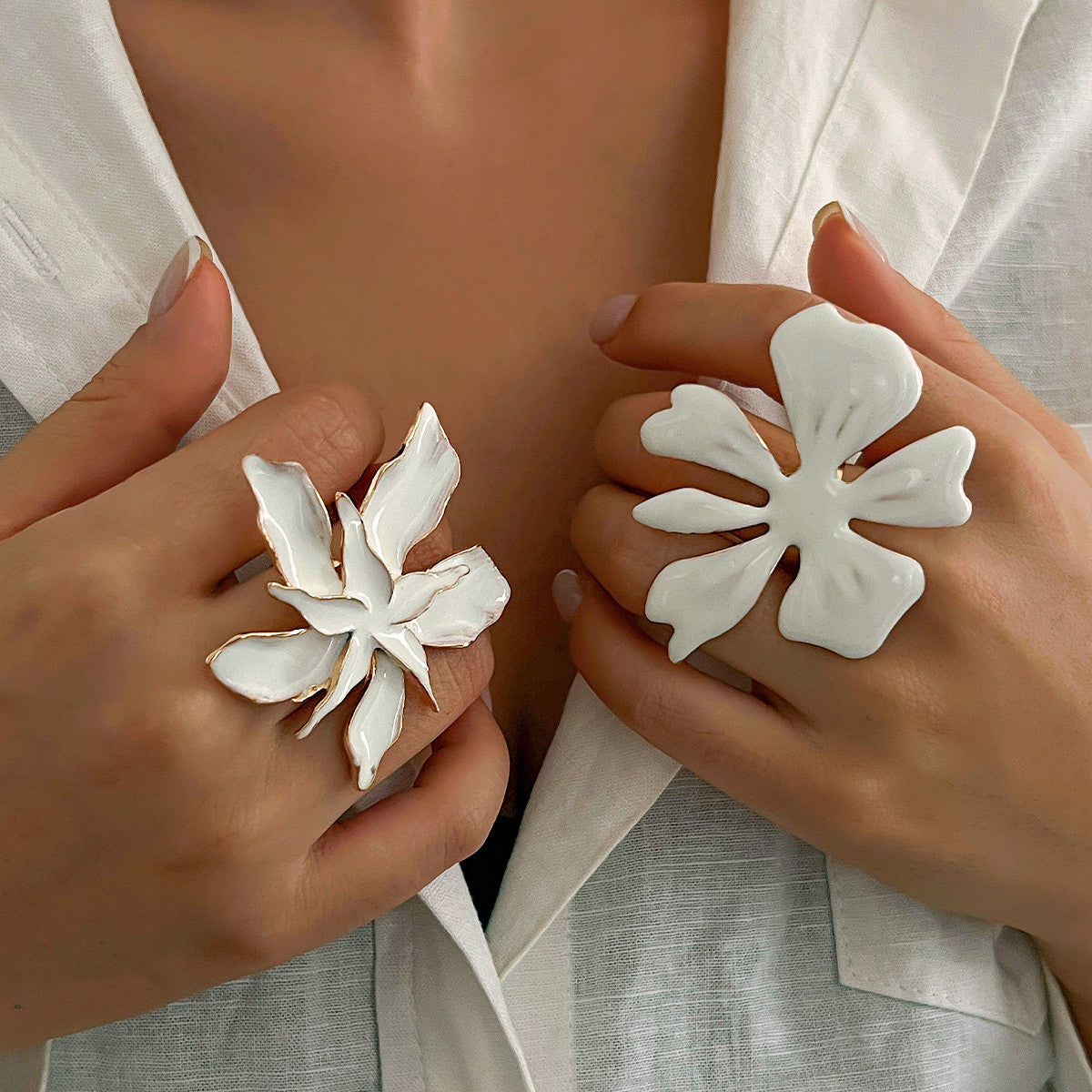 Exaggerated Floral Metal Open Ring With Dripping Oil Design