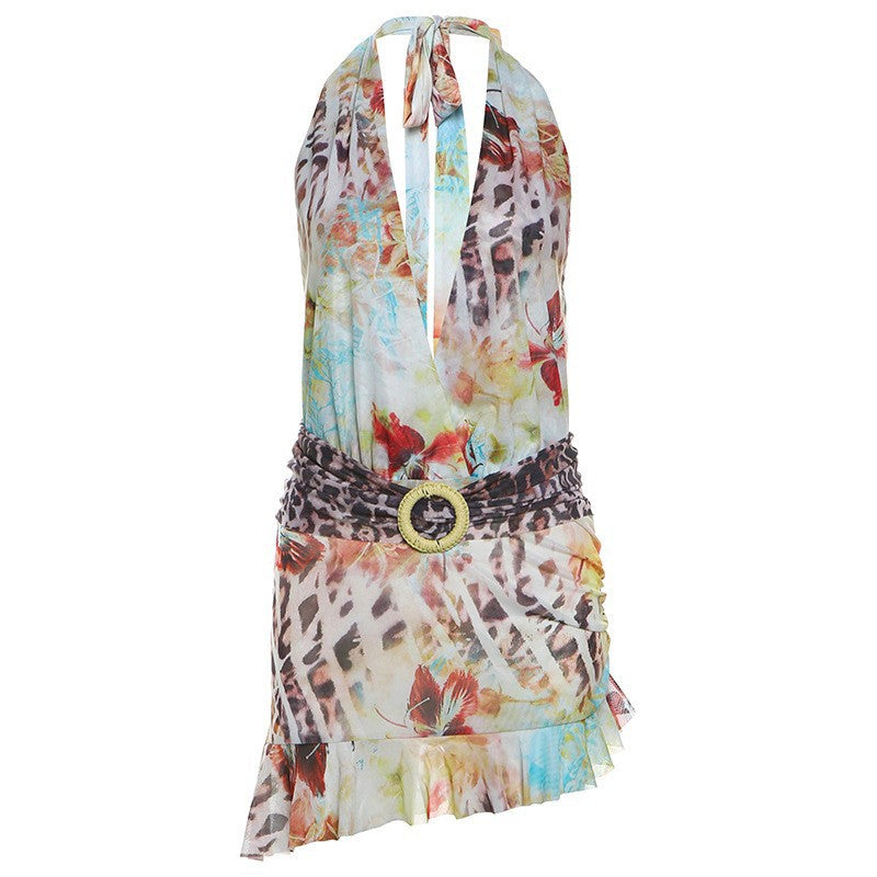 Sexy Deep V Neckline Backless Irregular Floral Dress