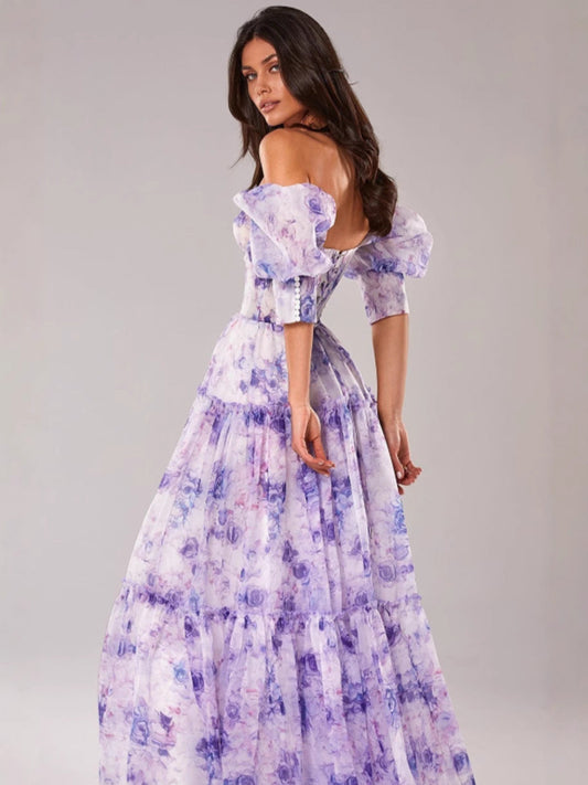 Off-Shoulder Chiffon Evening Gown with 3D Floral Design