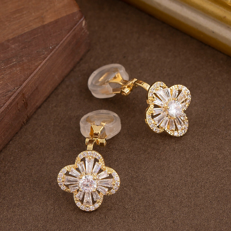 Trendy Gold Clovers Ear Clips With Zirconia Stones For Women