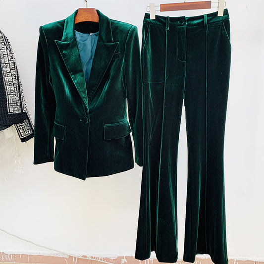Elegant Velvet Suit Jacket And Fitted Flare Pants Set