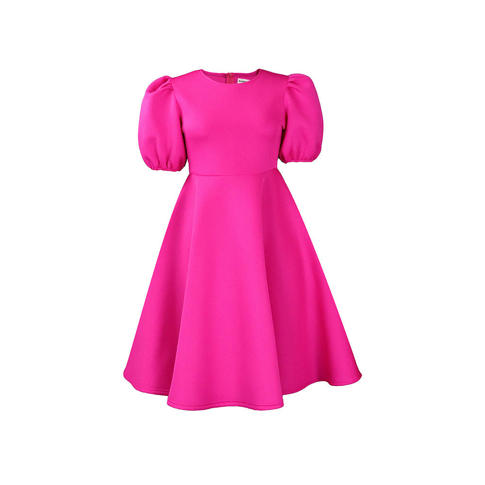 Elegant A-Line Dress With Puff Sleeves And Waist Tie