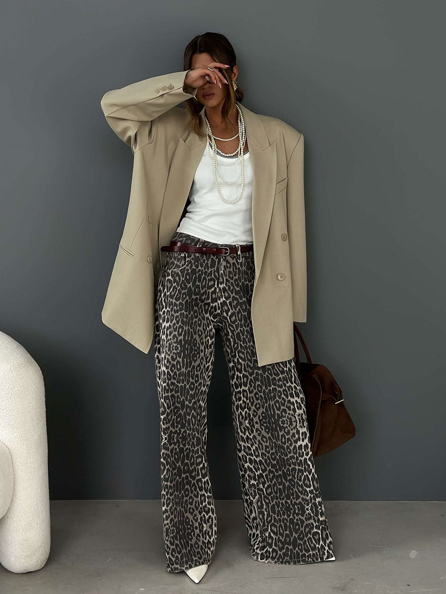 Leopard Print Wide Leg Pants Casual Street Style