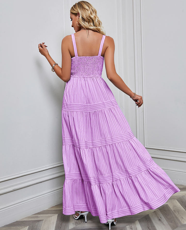 Solid Color Striped Spaghetti Long Dress