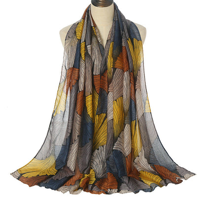 Printed Bali Scarf Women'S Ginkgo Biloba Cotton Linen Hand Feel Silk Scarf Large Shawl