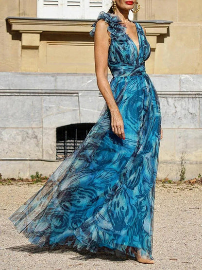 Floral Bohemian A-Line Dress With V-Neck And Long Sleeves