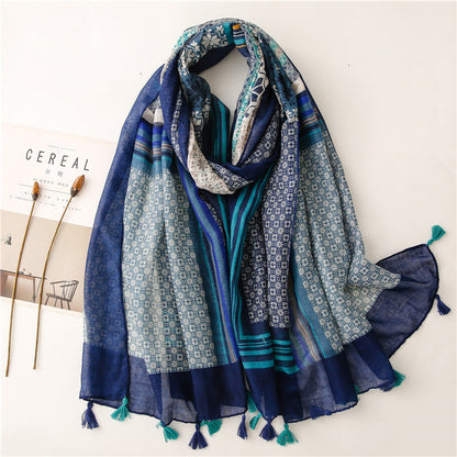 Japanese Literary And Artistic Fresh Cotton And Linen Scarf Retro Patchwork Bohemian Cashew Print Silk Scarf Beautiful Sunscreen Scarf