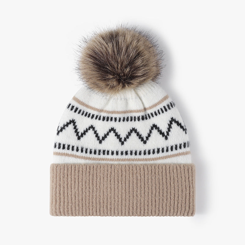 Splicing Striped Padded Knit Pom Beanie