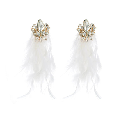 Bohemian Floral Alloy Rhinestone Long Feather Tassel Earrings