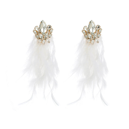 Bohemian Floral Alloy Rhinestone Long Feather Tassel Earrings
