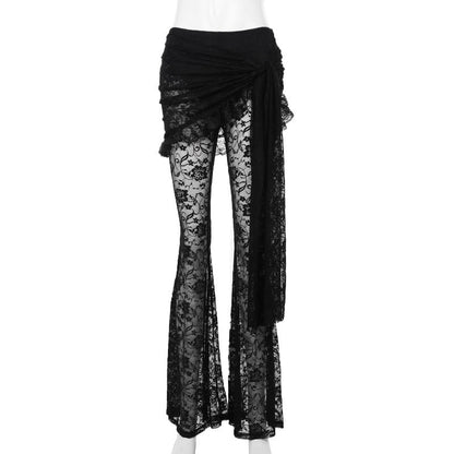 Dark Velvet Crop Top And Asymmetrical Lace Flare Pants Set