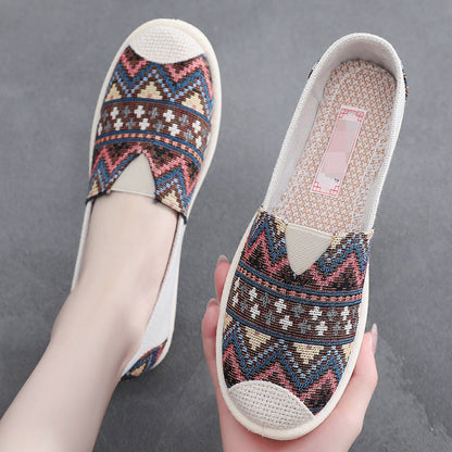 Ethnic Stripe Cloth Shoes Breathable Flat Sole Women'S Single Shoes With One Step Lazy Canvas Shoes