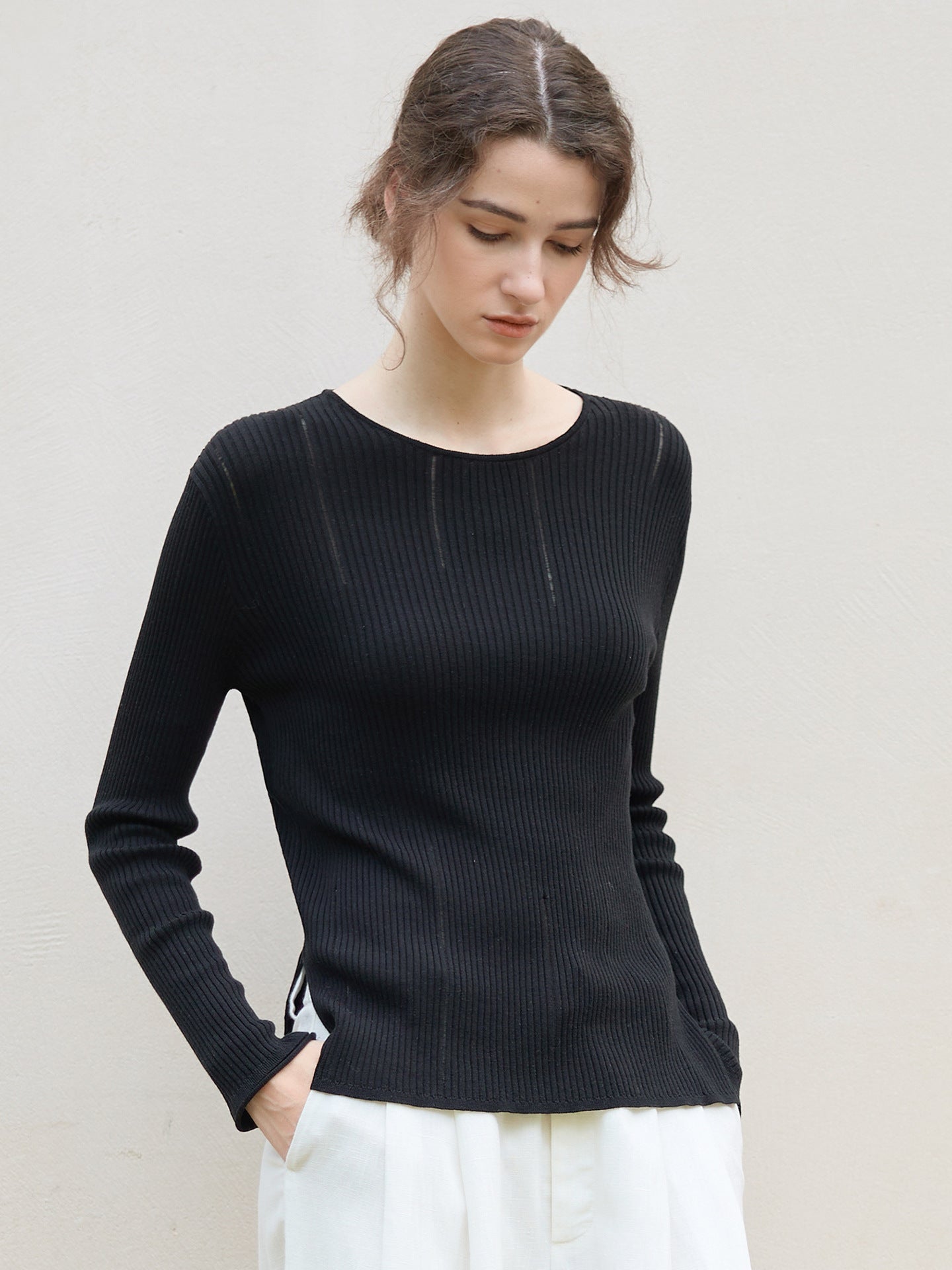 Classic Long Sleeve Knitted Sweater with Hollow Design