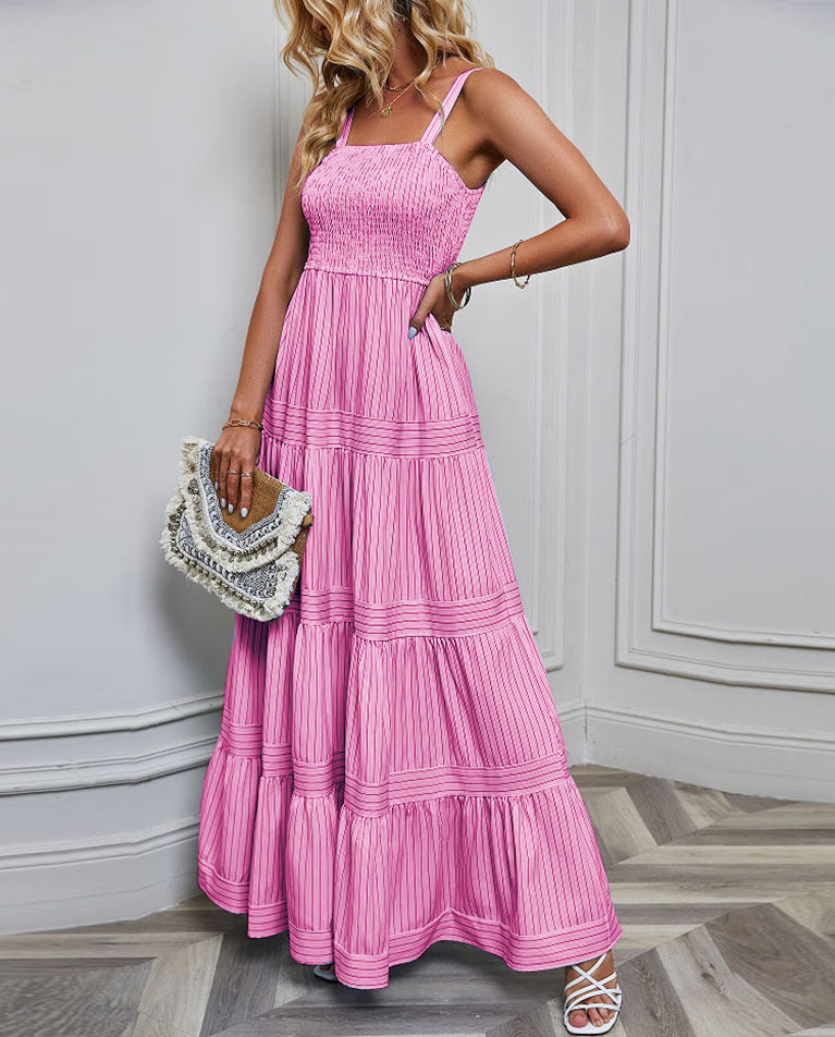 Solid Color Striped Spaghetti Long Dress