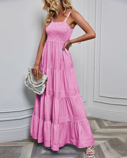 Solid Color Striped Spaghetti Long Dress
