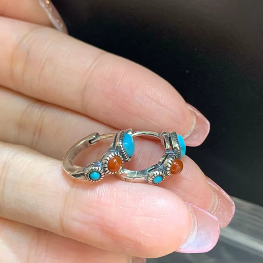 Ethnic Style High Value Light Luxury Bohemian Style Niche Design Red And Green Stone Double Earrings Ear Buckle Tibetan Style