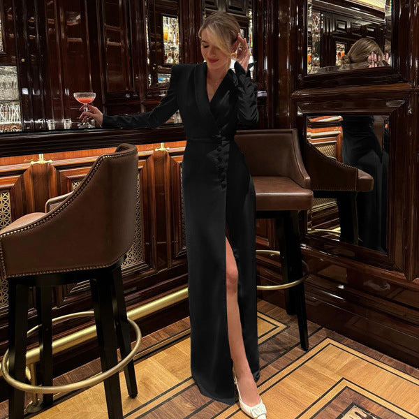 Elegant V-Neck Long Sleeve Midi Dress with High Waist