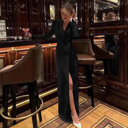 Elegant V-Neck Long Sleeve Midi Dress with High Waist