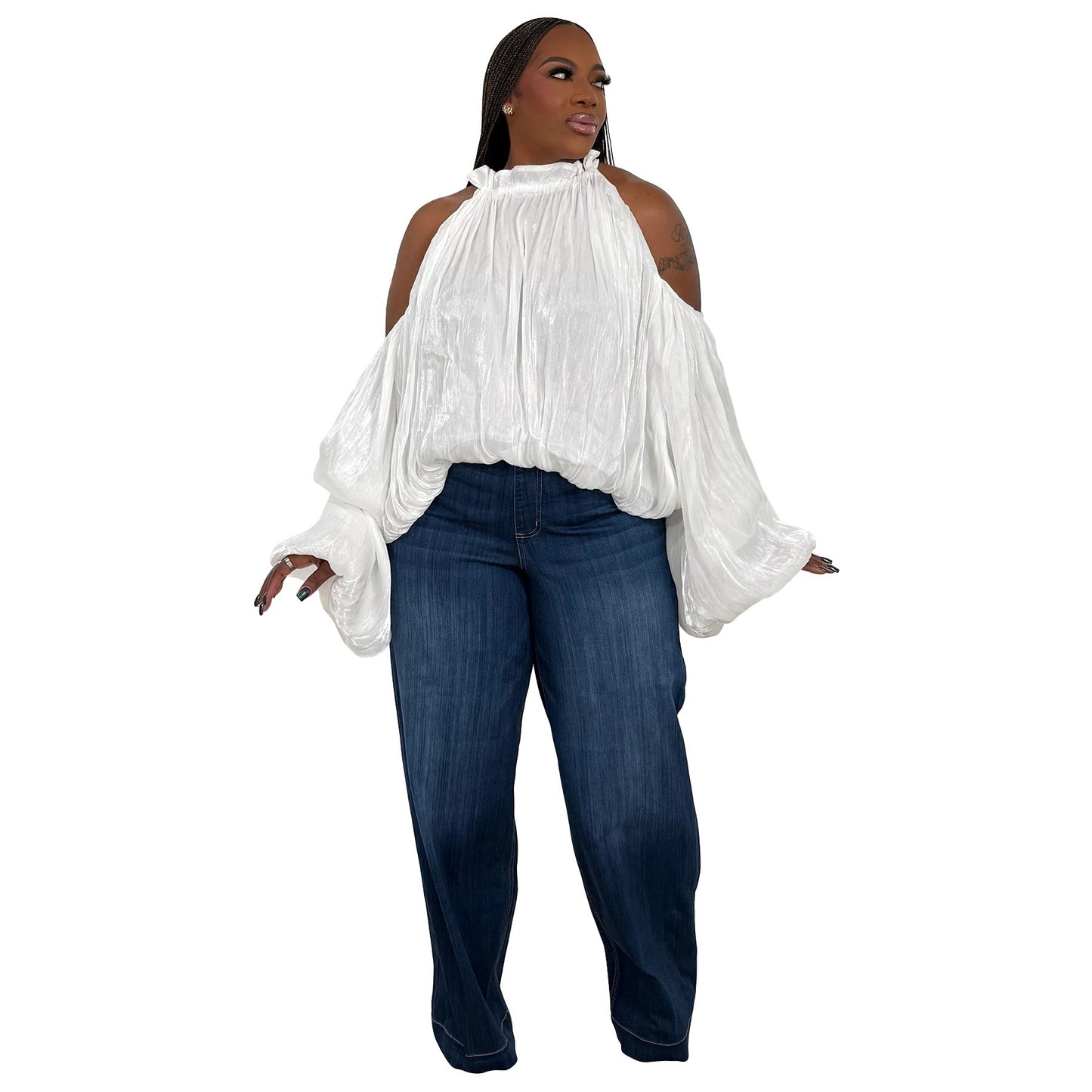 Off-Shoulder Lantern Sleeve Top Elegant Casual Blouse