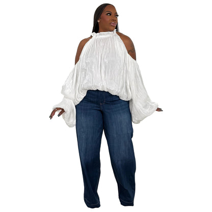 Off-Shoulder Lantern Sleeve Top Elegant Casual Blouse