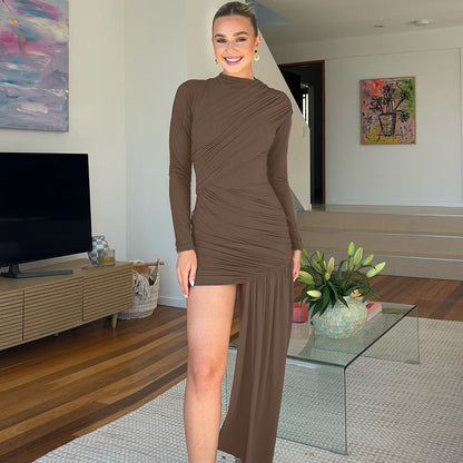 Trendy Slim Fit Round Neck Ruched Bodycon Dress with Long Sleeves