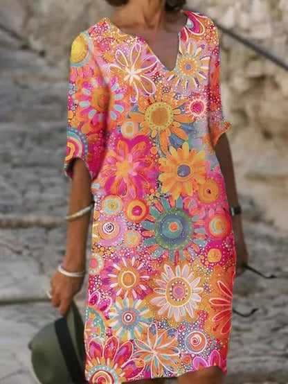 Abstract Print V-Neck A-Line Dress Comfortable Casual Fashion