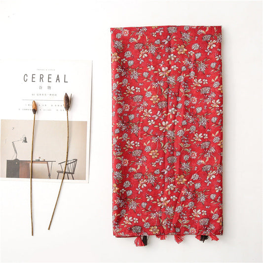 Women'S Cotton And Linen Feel Flower Scarf Spring, Summer And Autumn Shade Shawl Soft Temperament