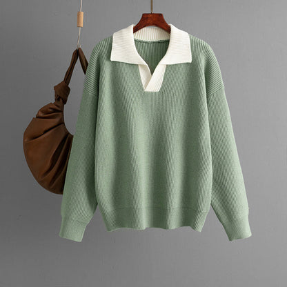 Knit Polo Collar Color Block Pullover Sweater