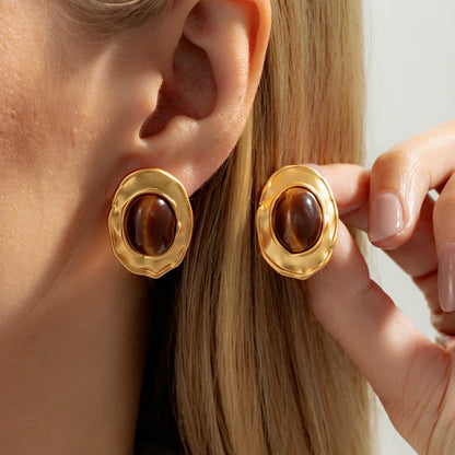 Geometric Tiger Eye Stone Earrings Trendy Alloy Metal Studs